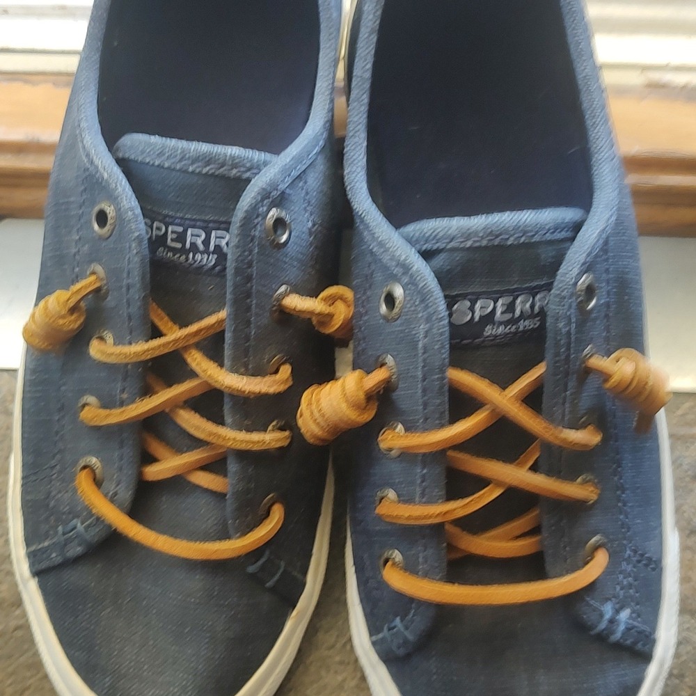 Sperry Crest Vibe Blue Linen Canvas Sneakers Kids Size 6 STS83236 Low Top Shoes
